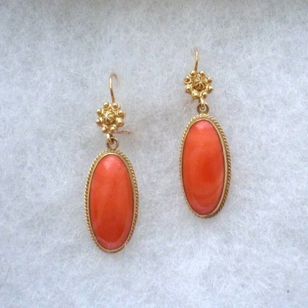 Vintage 14K Yellow Gold Large Salmon Red Coral Cabochon Dangle Drop EARRINGS - Picture 1 of 8